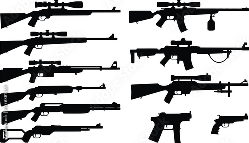 Weapon silhouette collection, black vector guns, assault rifle, sniper rifle, shotgun, pistol, handgun, military firearms, isolated on white, graphic design.