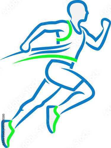 Running man line art vector, dynamic male athlete sprinting silhouette, blue and green marathon runner icon, fast motion sports graphic