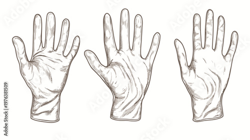 Hand-drawn style illustration of three protective gloves in different orientations. Featuring textured details