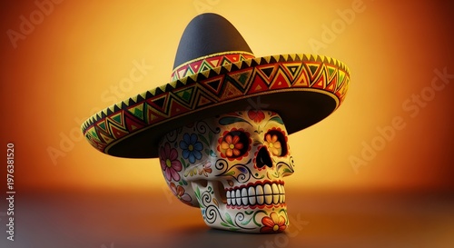 colorful sugar skull with traditional mexican sombrero on warm background