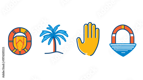 Four stylized icons featuring a life preserver, palm tree, hand gesture, and another life preserver