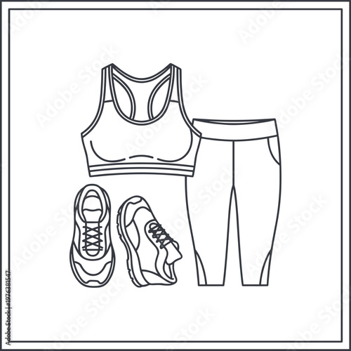 Minimalist fitness apparel line icon vector, athletic sports bra and leggings set, running shoes and workout gear illustration