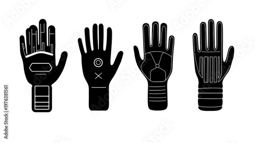 Four stylized black illustrations of gloved hands, each showcasing unique design elements