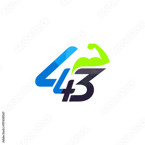 Modern fitness logo with number 43 and bicep muscle icon. Blue and green athletic branding for gym and sports. Dynamic number 43 vector design.