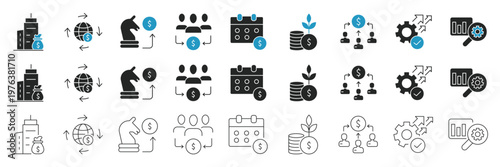Investment strategy and financial management web line and solid icon set with global finance, business growth, analytics, planning, network, process and money system symbol. Editable stroke