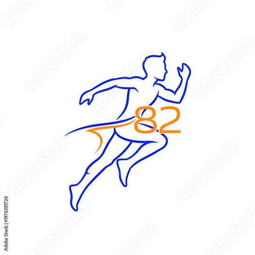 Running man line art logo with number 82, blue outline of male sprinter athlete, minimalist marathon runner icon for sports branding