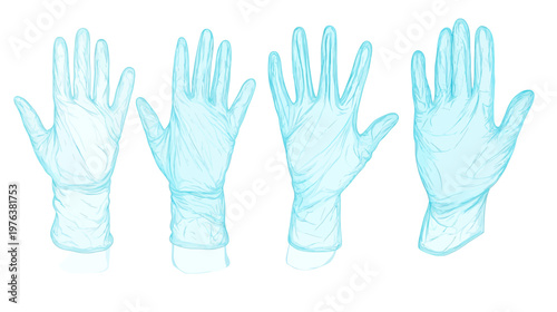 Four illustrations of medical gloves in watercolor, varying hand positions, with a white background