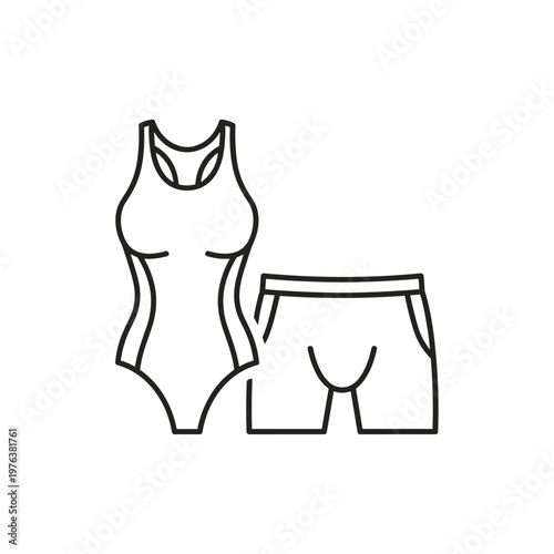 Minimalist swimwear line icon, professional one-piece swimsuit and swimming trunks vector, athletic beachwear apparel symbols for summer
