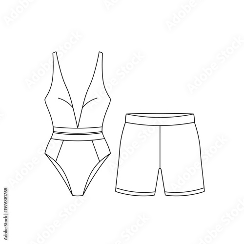 Minimalist swimwear technical sketch, female one-piece swimsuit and male swim shorts vector, fashion flat sketches for apparel design
