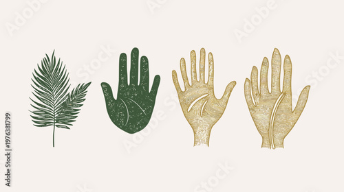 Illustration featuring a green fern and three hands in green and golden hues
