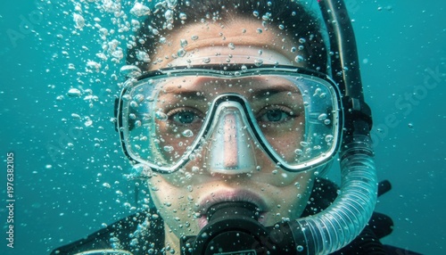 Professional scuba diver underwater wearing protective mask and snorkel looks into camera while rising air bubbles surround head in turquoise ocean
