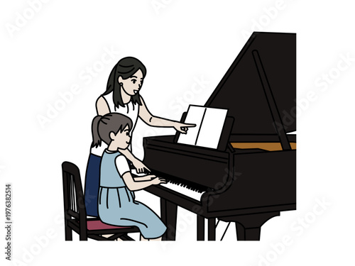 ピアノ講師のレッスンを受ける女の子のイラスト