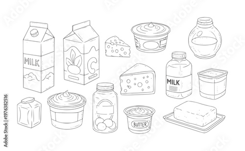 Hand drawn dairy products including milk cartons cheese butter and yogurt