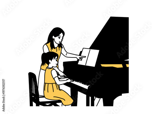 ピアノ講師のレッスンを受ける女の子のイラスト