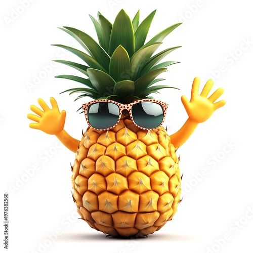 A fun, anthropomorphic pineapple wearing sunglasses with an energetic pose