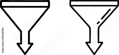 Minimalist funnel icon set with arrow pointers, black line art filter symbols, marketing sales funnel vector illustrations for business data