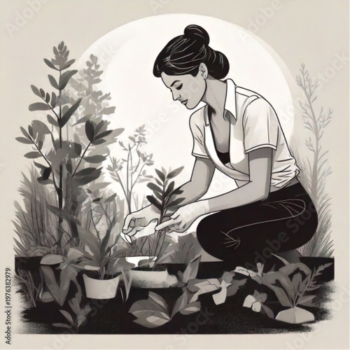 Woman tending to plants in a garden setting.