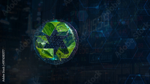 Green Recycling Symbol with Nature Landscape Inside Digital Wire Globe on blue Tech Background