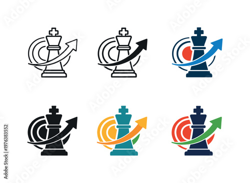 Symbol representing long term business planning and competitive positioning, combining a chess king silhouette with an upward