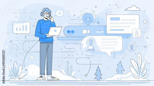 Digital communication concept illustration with a man wearing headphones, using laptop and phone for remote work and networking.