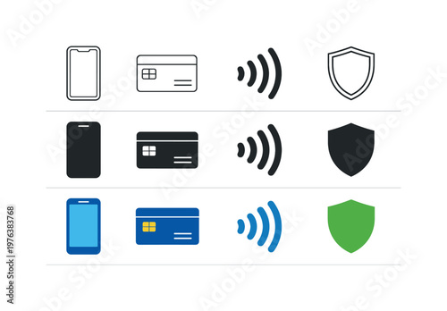 Smartphone for digital wallet access, credit card for transaction method, NFC wave for contactless payment, and shield for secure