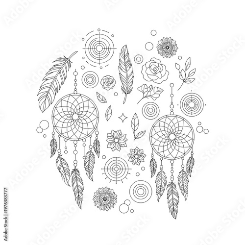 Bohemian dreamcatcher line art vector, mystical dream catcher with feathers and roses, celestial floral coloring page elements for adult relaxation