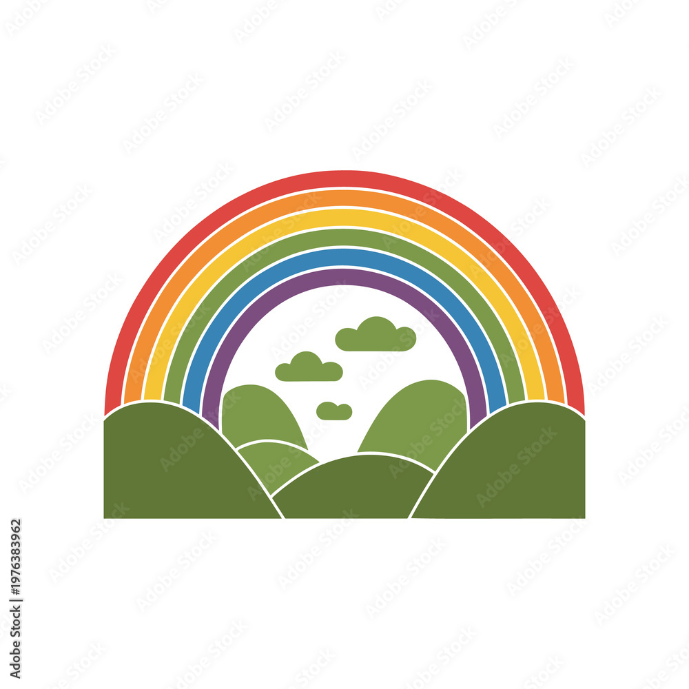 Fototapeta premium Retro Rainbow Illustration with Three Smiling Orange Daisy Flowers