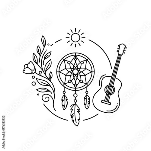 Bohemian dreamcatcher line art vector, acoustic guitar with floral botanical elements, celestial sun and dream catcher emblem for music branding