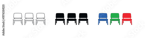 Professional gathering context conveyed through uniform conference chairs arranged in a straight horizontal row, same seat