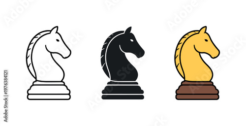 Strategic context conveyed by uniform chess knight pieces arranged in a straight horizontal row, same sculpted profiles and base