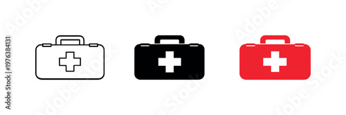 Hospital response context conveyed via uniform first aid kits aligned in a straight row, same rectangular cases and handle shapes