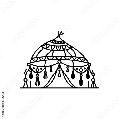Bohemian tribal tent vector illustration, hand drawn ethnic marquee with tassels and geometric patterns, boho style glamping tent icon on white