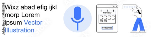 Voice assistants, automation, scheduling apps, remote devices, subscription tools, smart controls. Microphone icon, calendar with subscribe button hand holding a remote. Voice assistants