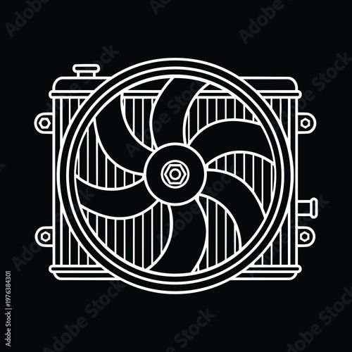 White Line Art Car Radiator with Oversized Cooling Fan Vector Icon 