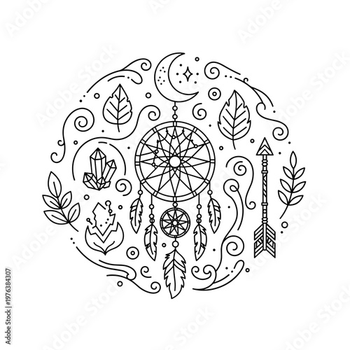 Bohemian dreamcatcher line art vector, mystical celestial circle with moon and crystals, tribal ethnic dream catcher illustration for tattoo or logo