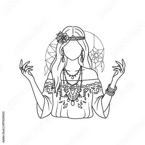 Bohemian woman line art vector, mystical girl with dreamcatcher and floral headband, aesthetic boho style illustration for coloring book