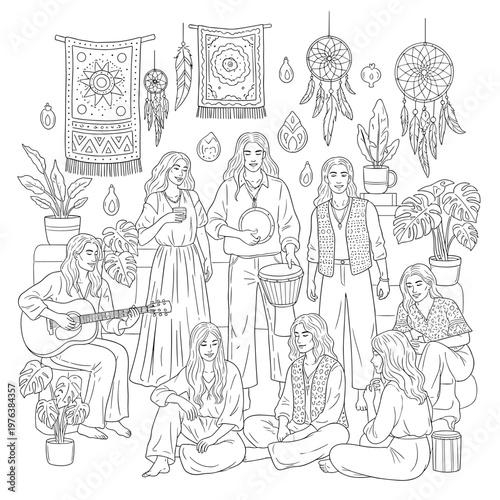 Bohemian lifestyle coloring page vector, hippie community playing music and instruments, ethnic boho interior with dreamcatchers and plants