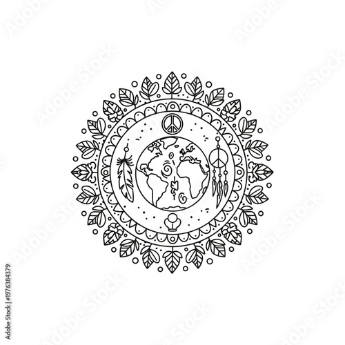 Bohemian mandala world map vector, spiritual earth globe with peace signs and feathers, tribal nature mandala for coloring and eco design