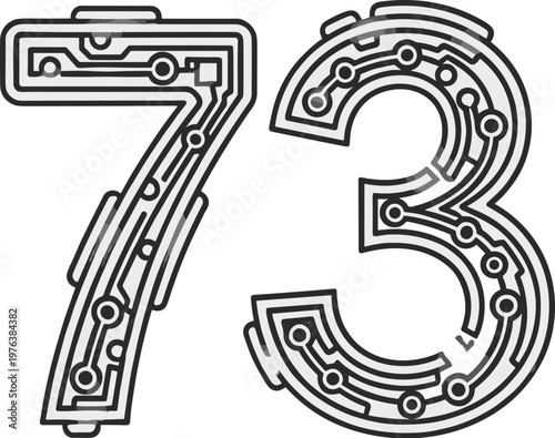 Cyberpunk number 73 vector illustration, futuristic circuit board typography, high-tech electronic digital lettering, black and white tech font design