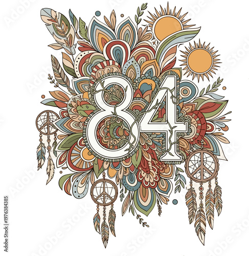 Boho style number 84 vector illustration, vintage hippie aesthetic with dreamcatchers and feathers, decorative floral mandala art for birthday