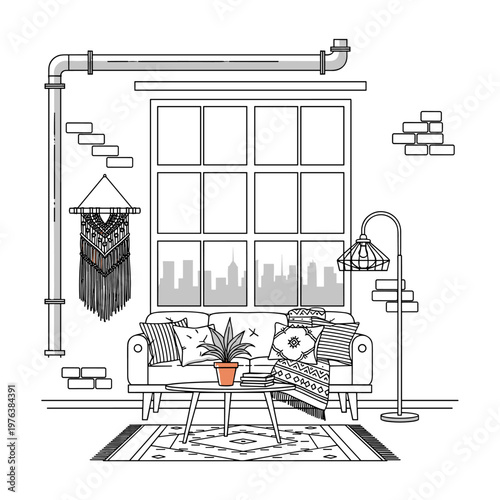 Industrial loft living room vector illustration, modern bohemian interior with sofa and city view, cozy apartment line art with macrame and brick wall