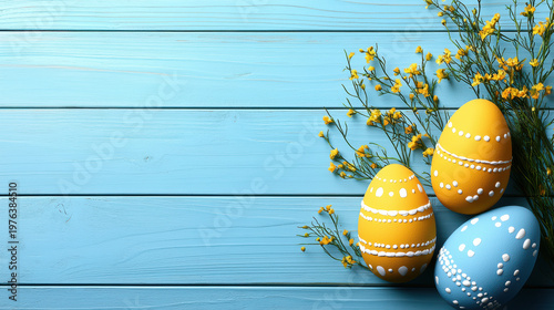 Decorated Easter eggs arranged with small yellow flowers on a light blue painted wooden plank surface to celebrate the sp holiday with festive decorations.