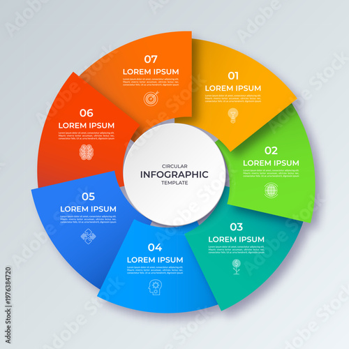 Vector infographic circle with seven steps. Cycle diagram with 7 options. Round chart that can be used for report, analytics, data visualization and presentation.
