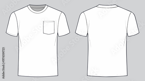 A minimalist vector illustration of a white t-shirt with a pocket on a gray background