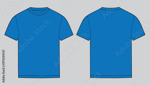 A vector graphic illustration of two blue t-shirts, one facing forward and one backward, on a light gray background.
