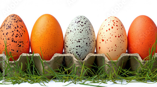 Colorful Easter eggs with speckled patterns rest led amongst vibrant green grass inside of a recycled cardboard egg carton against a seamless white backdrop.