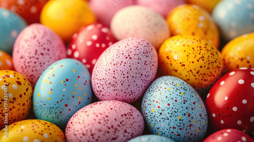 An assortment of colorful speckled Easter eggs are arranged in a close-up shot showing various shades of red, pink, blue, and yellow providing a festive sptime vibe.