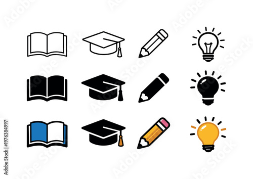 Book for knowledge, graduation cap for achievement, pencil for writing, and light bulb for ideas. Render on a strict 3:2 canvas