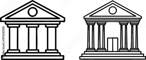 Classical bank building icons, set of 2 courthouse vector illustrations, ancient greek temple architecture with columns, financial institution symbols