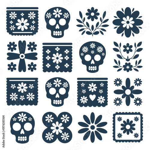 Dia de los Muertos paper cut illustration, blue and white skulls with floral designs for cultural celebration and festive decoration.